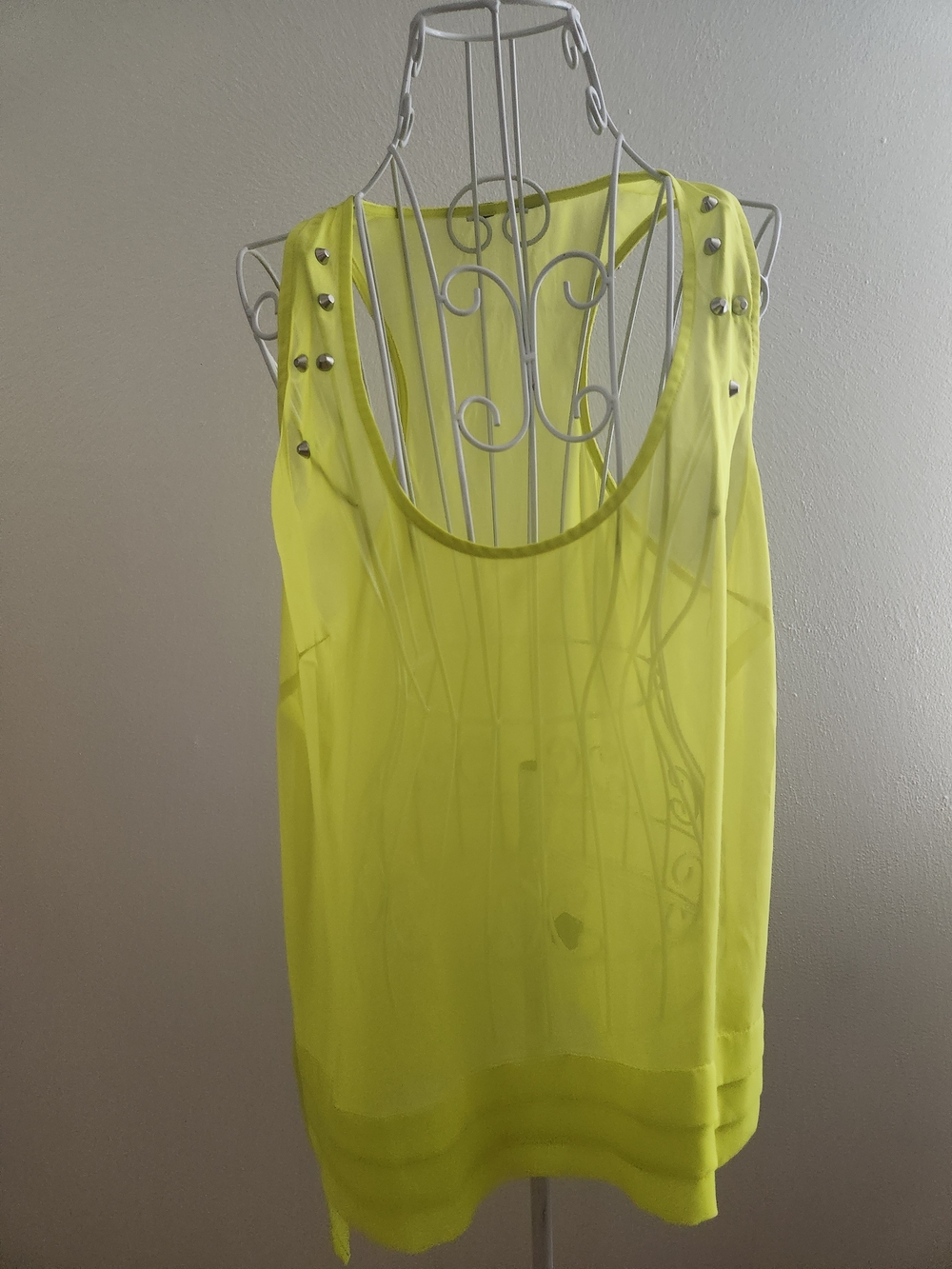 ​Y2K Neon Yellow Sheer Studded Tank Top - High-Low Hem
